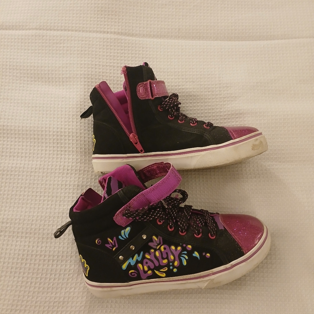 LAYLAY Colorful Kids High-Top Sneakers sz 2 Boots Platform Black & Purple Girls